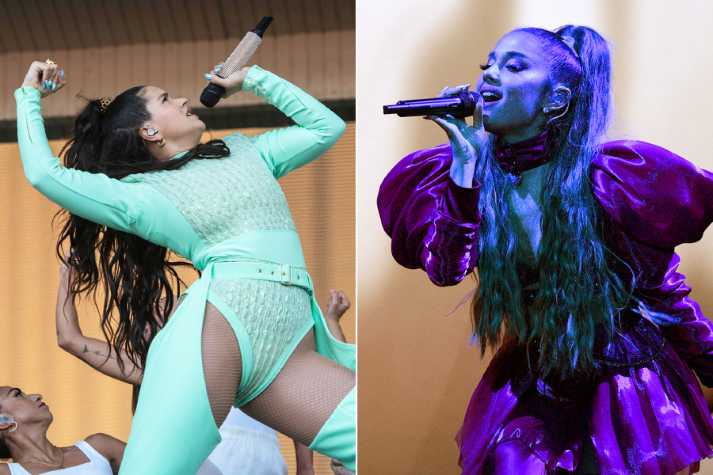 Rosalía e Ariana Grande (Foto: Montagem de Sacha Lecca e Kevin Mazur/Getty Images)