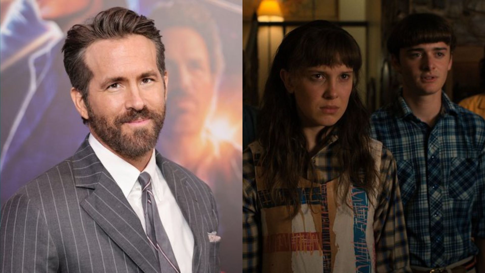 Ryan Reynolds (Foto: Jamie McCarthy/Getty Images)  e Elenco de Stranger Things (Foto: Reprodução / Twitter)