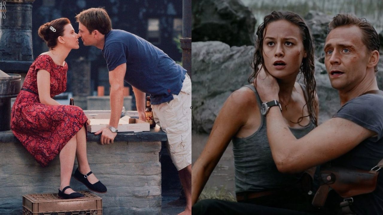 Scarlett Johasson e Chris Evans em O Diário de Uma Babá e Brie Larson e Tom Hiddleston em Kong: A Ilha da Caveira (Fotos: Reprodução/Twitter)