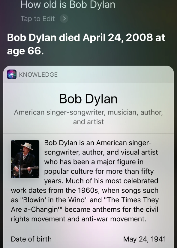 Siri fala que Bob Dylan está morto