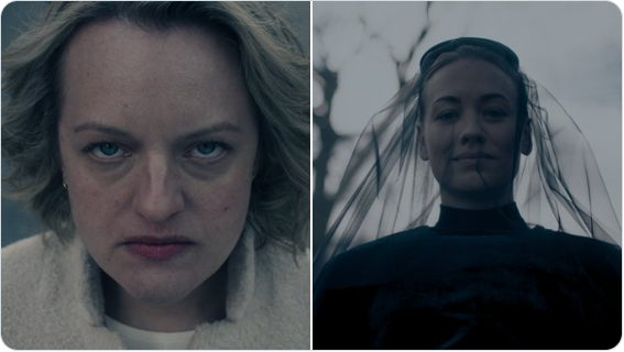 June (Elizabeth Moss) e de Serena Joy (Yvonne Strahovski) na divulgação da 5ª temporada de The Handmaid's Tale