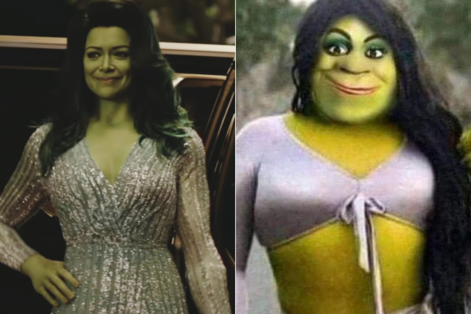 Tatiana Maslany em She-Hulk (Foto: Divulgação / Disney+) e Shrek (Foto: Reprodução)