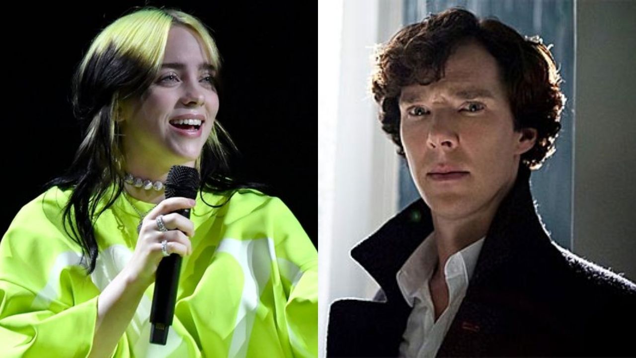 Montagem de Billie Eilish (Foto: Frazer Harrison/Getty Images for Spotify) e série Sherlock Holmes (Foto: Reprodução)