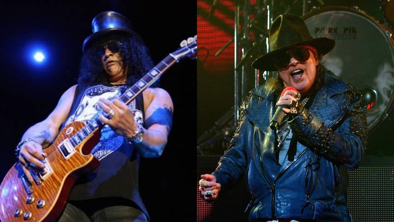 Slash durante show no Brasil (Foto: Thaís Azevedo) e Axl Rose (Foto: Getty Images / Frazer Harrison / Equipe)