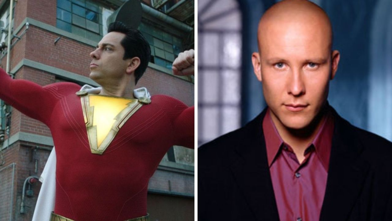 Zachary Levy como o herói Shazam (Foto: Divulgação) e Michael Rosenbaum como Lex Luthor (Foto: Divulgação)