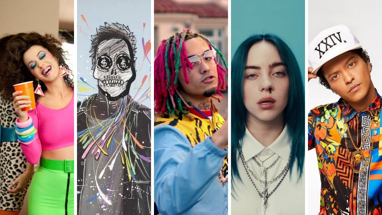 Katy Perry, Justin Bieber, Lil Pump, Billie Eilish e Bruno Mars foram alguns dos nomes que remodelaram a música (Fotos 1 a 4: Reprodução / YouTube e Foto 5: Reprodução / Facebook)
