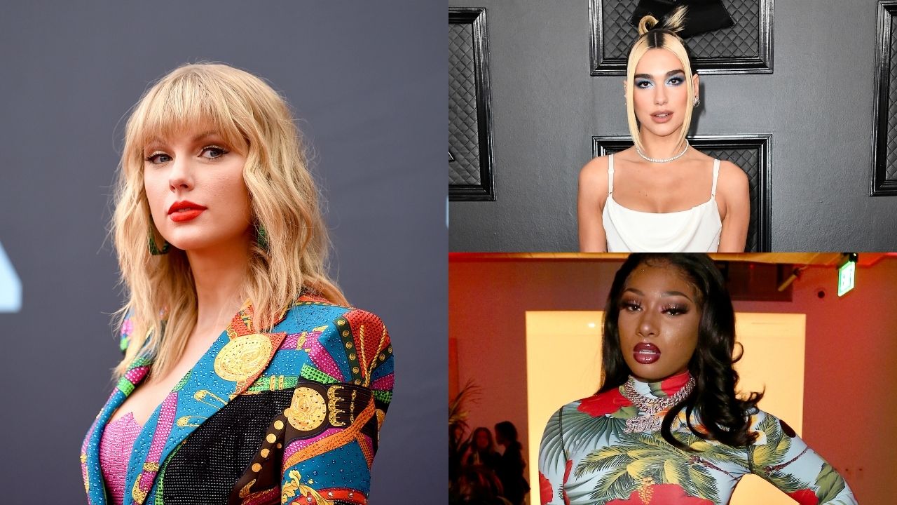 Taylor Swift (Foto: Jamie McCarthy / Getty Images), Dua Lipa (Foto: Frazer Harrison / Getty Images) e Megan Thee Stallion (Foto: Tommaso Boddi / Getty Images)