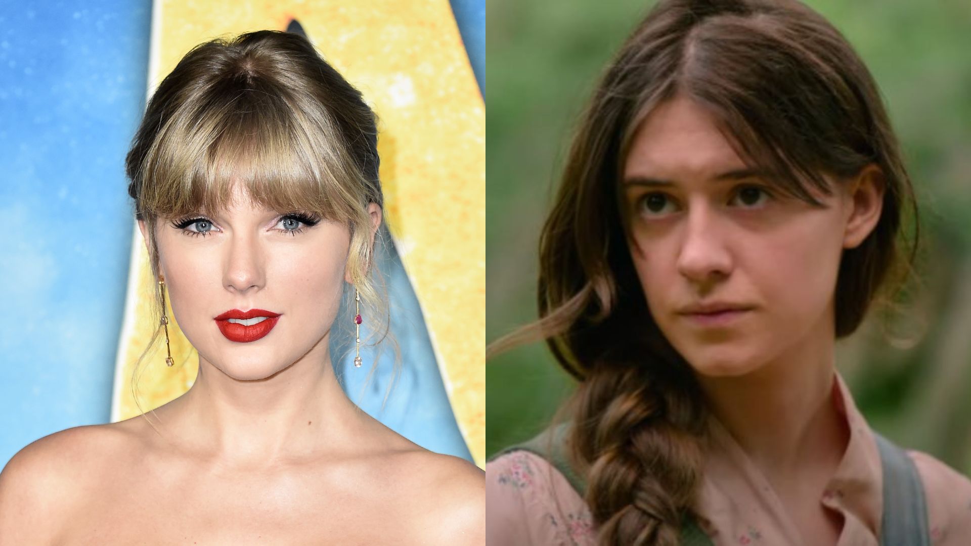 Taylor Swift (Foto: Steven Ferdman/Getty Images) e Daisy Edgar-Jones em Um Lugar Bem Longe Daqui (Foto: Reprodução / YouTube)