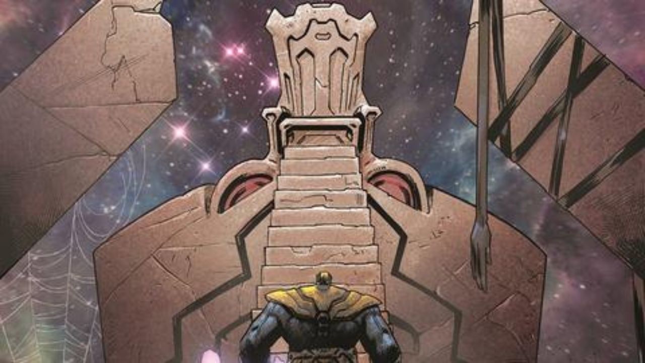 Ilustração de Thanos subindo escadas em direção ao trono.
