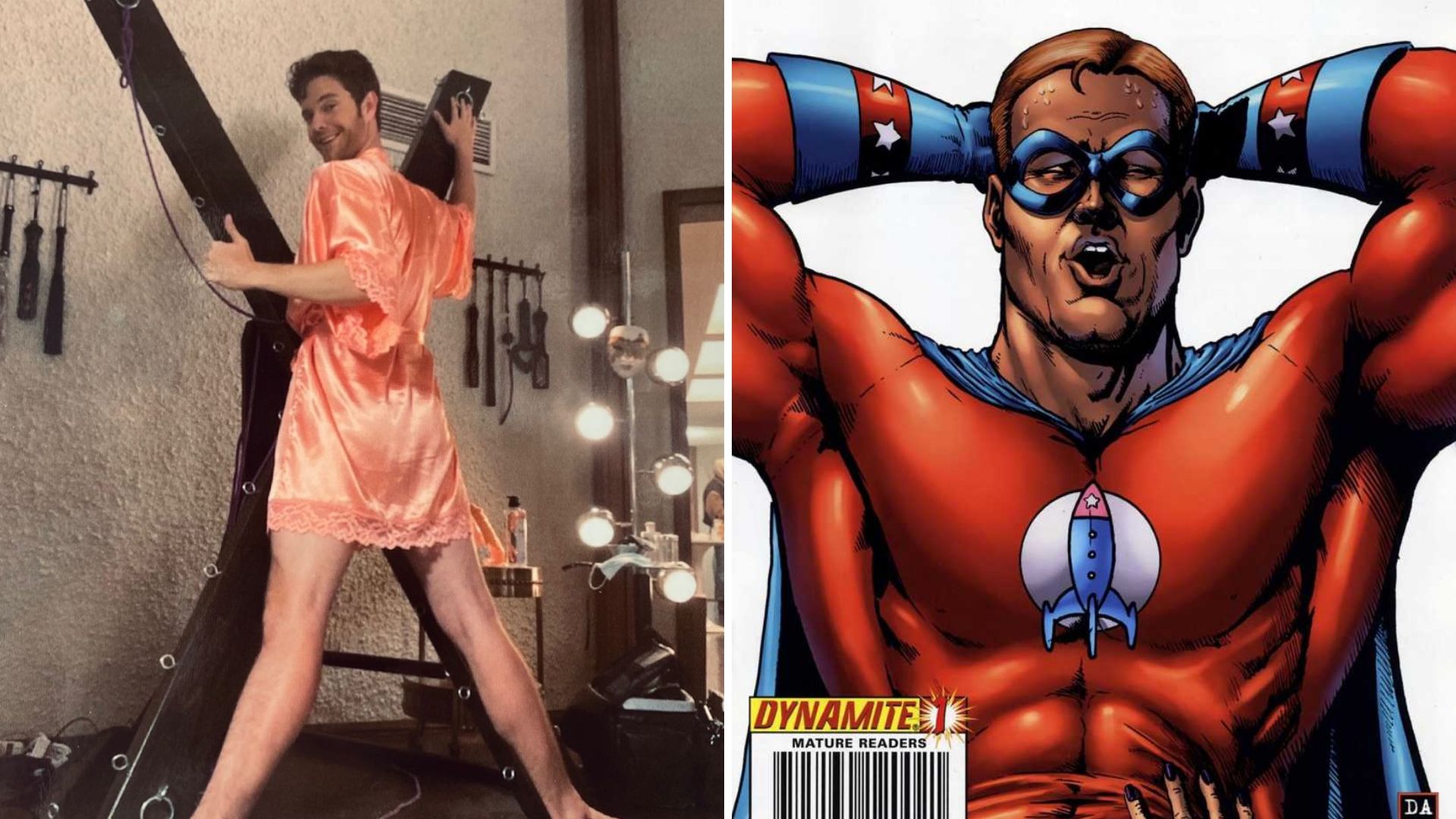 Jack Quaid no set de 'Herogasm' (Foto: Reprodução/Twitter) e capa de Herogasm (Foto: Reprodução/Dynamite)