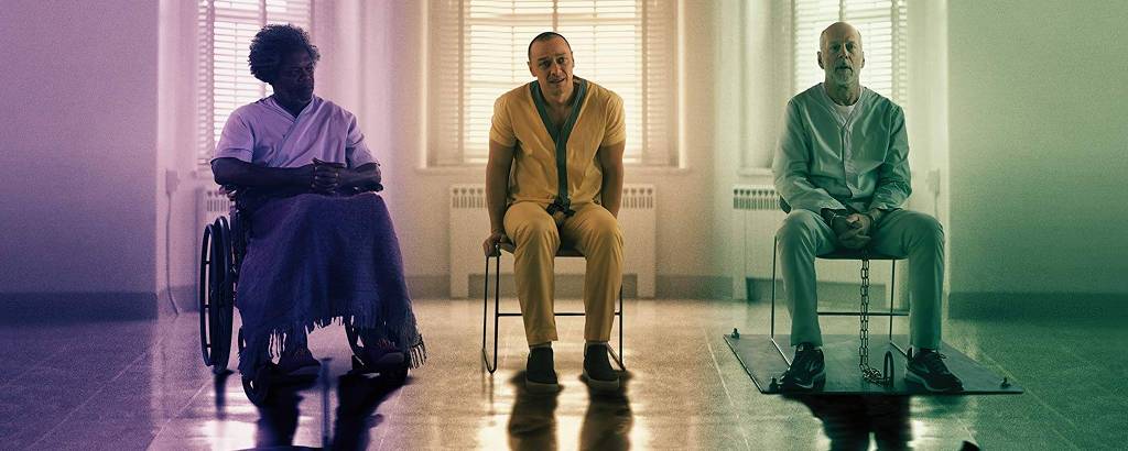 Samuel L. Jackson, James McCavoy e Bruce Willis, em Vidro (Foto: Divulgação)