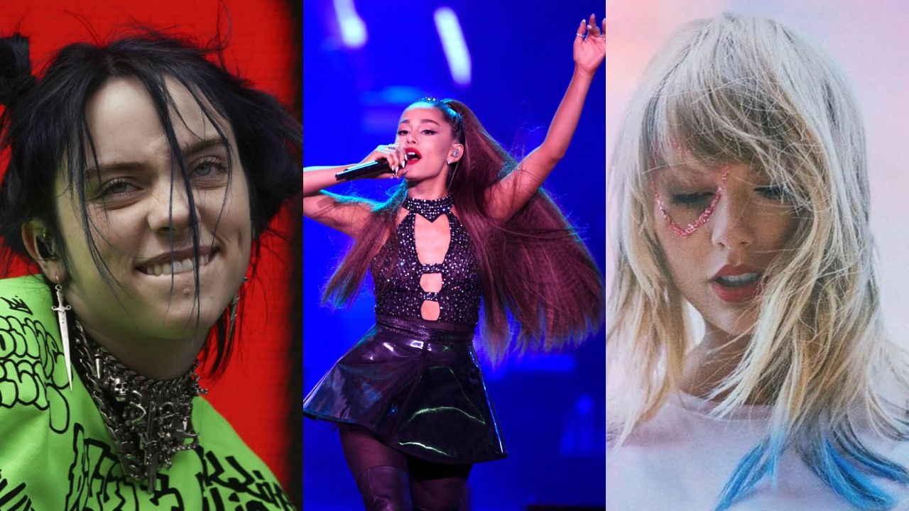 Billie Eilish, Ariana Grande e Taylor Switf (Fotos: Owen Humphreys, AP [Billie Eilish]; Chris Pizzello, Invision/AP [Ariana Grande]; Reprodução Lover [Taylor Swift])]
