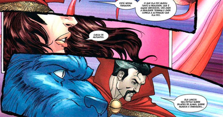 Reprodução de história em quadrinhos. Boca de Wanda com o balão de fala "Chega de mutantes."
