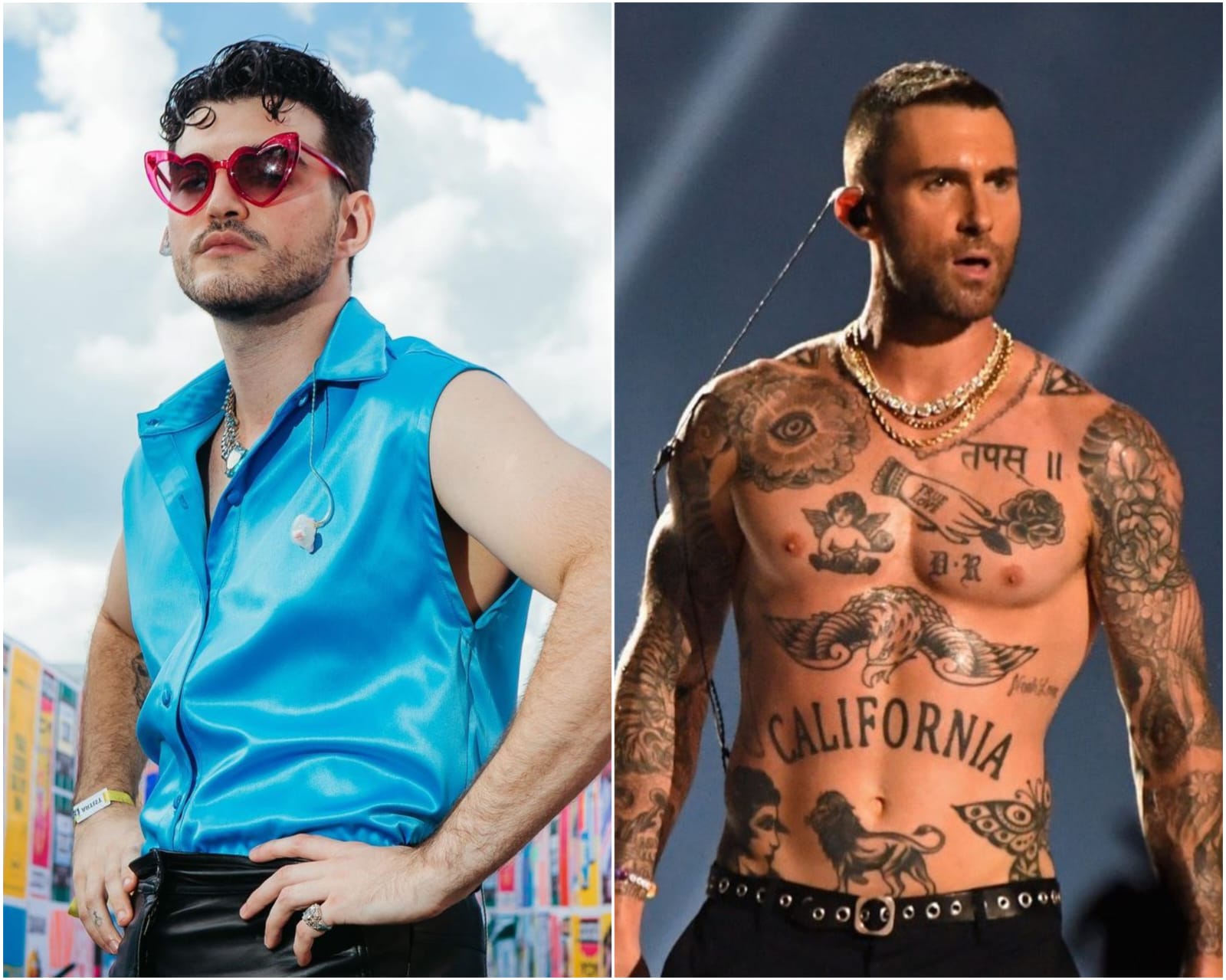 Jão (esq.) abre show de Maroon 5, de Adam Levine (dir.)