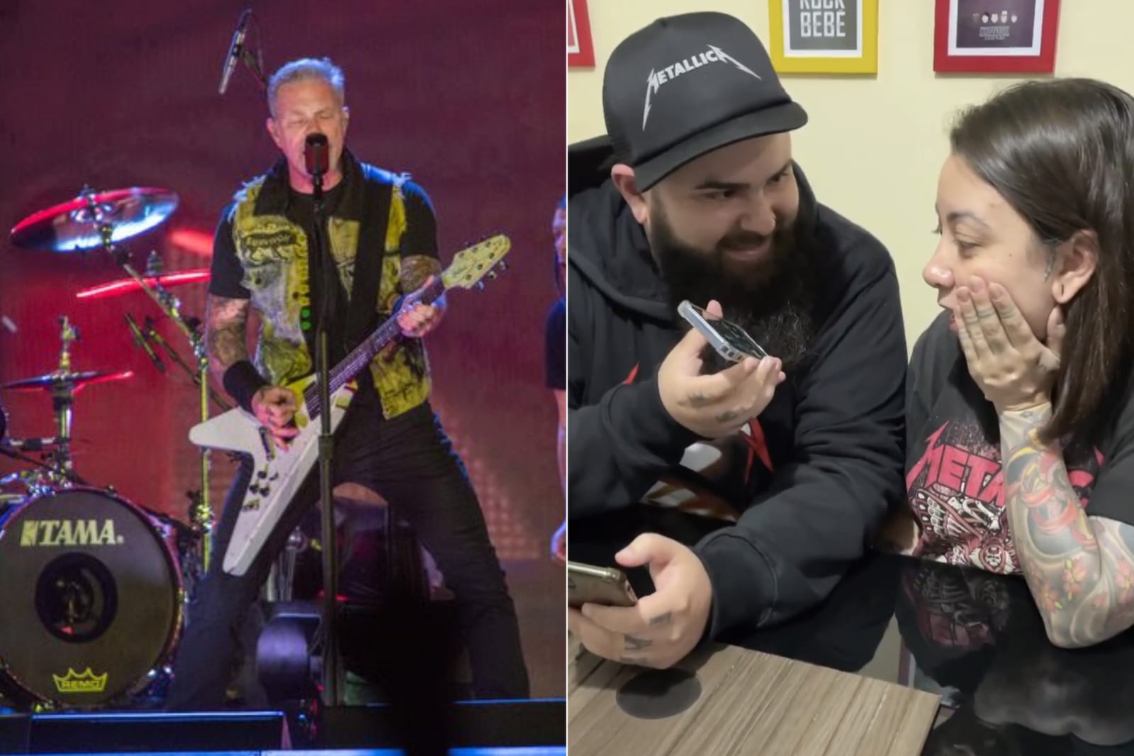 James Hetfield, do Metallica, e o casal Joice e Jaime, pais de Luan, que nasceu em show no último sábado (7): ligação e emoção