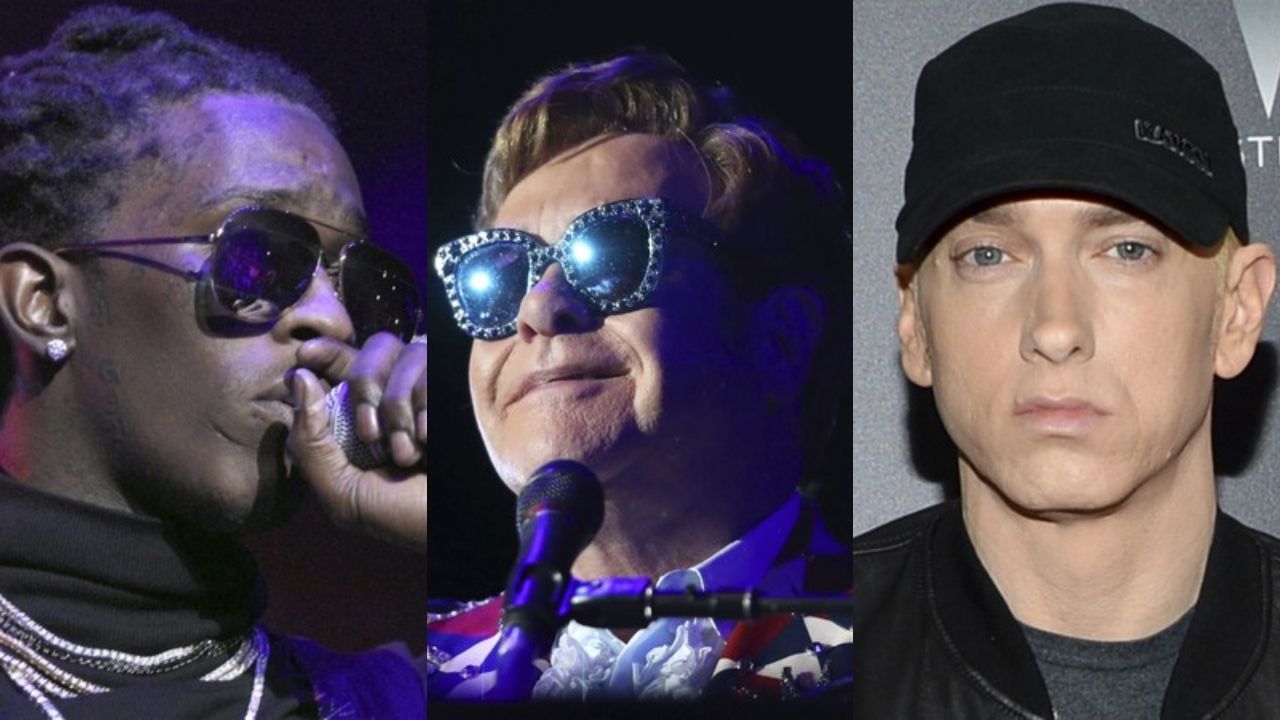 Young Thug (Foto: Robb Cohen/AP), Elton John (Foto: Matt Sayles/Invision for Black Ink/AP Images) e Eminem (Foto: Evan Agostini / AP)