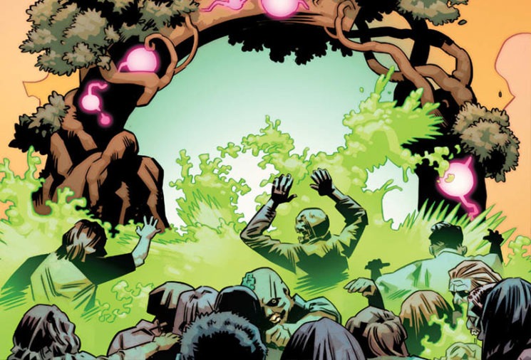 Reprodução dos quadrinhos. Zumbis se aproximam de circulo verde.